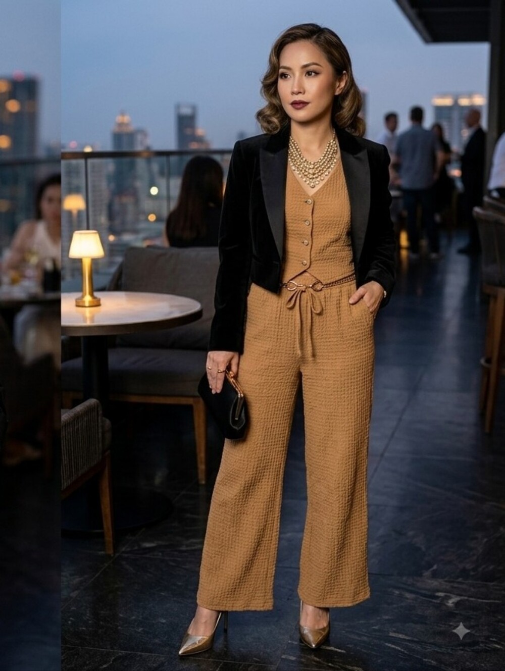 Button-Front Two-Piece Vest And Trouser Set in Camel (Purchased In Belgium 🇧🇪)